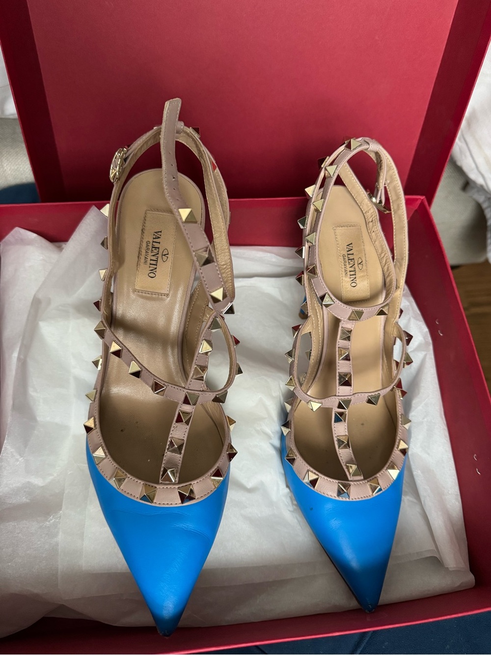 Valentino Blue Pointed Rockstud Slingback Pumps with Nude Straps
